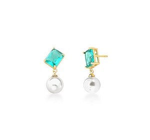 BRINCO PÊNDULO RETANGULAR COM CRISTAL E PÉROLA SHELL BANHADO A OURO