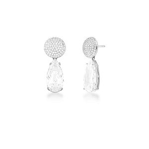 BRINCO REDONDO COM PÊNDULO CRISTAL DE GOTA BANHADO A RÓDIO BRANCO