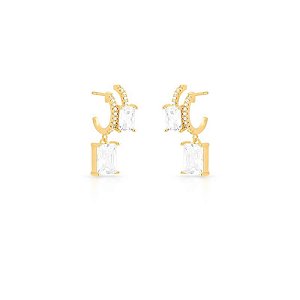 MEIA ARGOLA DUPLA COM ZIRCÔNIA RETANGULAR BANHADA A OURO