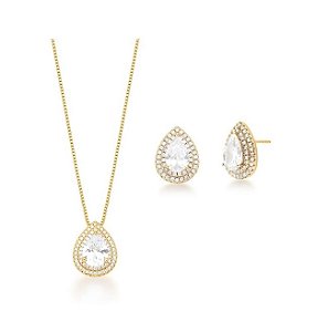 CONJUNTO GOTA COM CRAVAÇÃO LATERAL DUPLA BANHADO A OURO