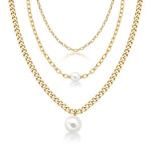 COLAR TRÊS VOLTAS COM ELOS LISOS E PÉROLAS BANHADO A OURO