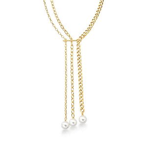 COLAR GRAVATA TRÊS VOLTAS COM ELOS E PÉROLAS BANHADO A OURO