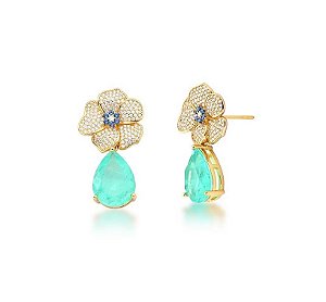 BRINCO PÊNDULO 2 x 1 DE FLOR CRAVEJADO E GOTA TURMALINA FUSION BANHADO A OURO