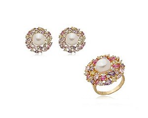 CONJUNTO DE BRINCOS COM ANEL EM PÉROLA COM CRAVAÇÃO COLORIDA BANHADO A OURO