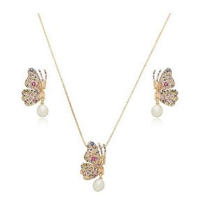 CONJUNTO BORBOLETA COM PÉROLA E CRAVAÇÃO COLORIDA BANHADO A OURO