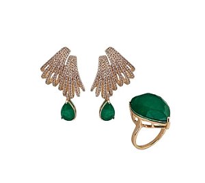 CONJUNTO DE BRINCO DEZ VOLTAS E ANEL COM GOTA ESMERALDA FUSION BANHADA A OURO