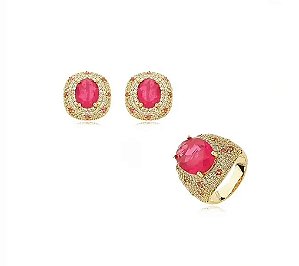 CONJUNTO PEDRA OVAL TURMALINA ROSA FUSION BANHADO A OURO