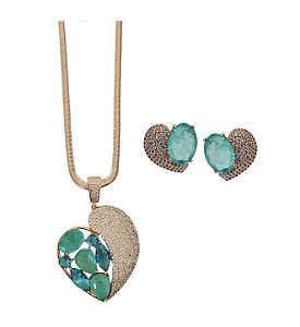 CONJUNTO MAXI CORAÇÃO COM CRAVAÇÃO AZUL E TURMALINA BANHADO A OURO