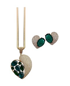 CONJUNTO MAXI CORAÇÃO COM CRAVAÇÃO ESMERALDA BANHADO A OURO
