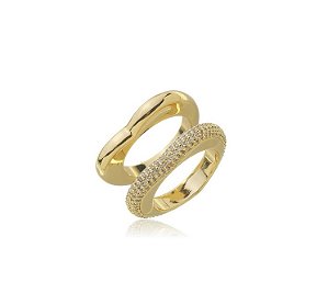 ANEL DUPLO CORAÇÃO LISO E CRAVEJADO BANHADO A OURO