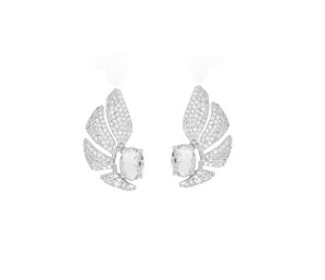 BRINCO EAR CUFF CRAVEJADO COM PEDRA OVAL CRISTAL BANHADO A RÓDIO BRANCO