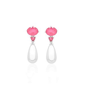 BRINCO DE PÉROLA EM PÊNDULO COM BASE TURMALINA ROSA BANHADO A RÓDIO BRANCO