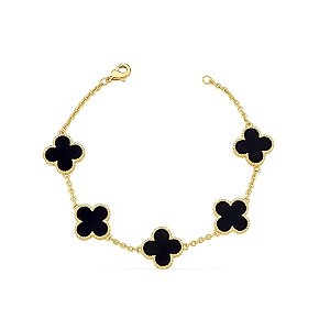 PULSEIRA COM CINCO TREVOS NEGROS BANHADO A OURO
