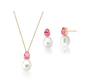 CONJUNTO GOTA ROSA COM PÉROLA SHELL BANHADO A OURO