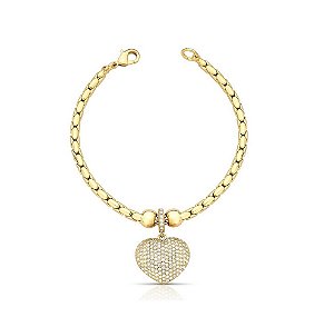 PULSEIRA EM MALHA PALMEIRINHA E PINGENTE DE CORAÇÃO BANHADA A OURO