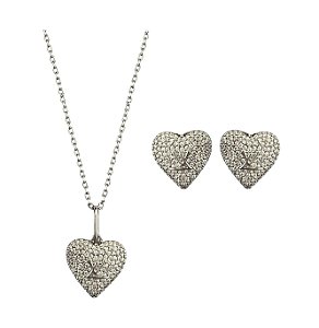 CONJUNTO CORAÇÃO CRAVEJADO LV BANHADO A RÓDIO BRANCO