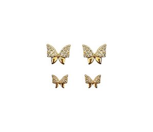 DUPLA DE BRINCOS BORBOLETA CRAVEJADAS BANHADA A OURO