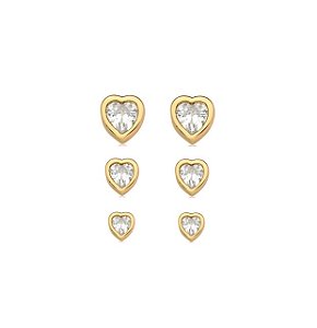 TRIO DE BRINCOS CORAÇÃO CRISTAL BANHADO A OURO