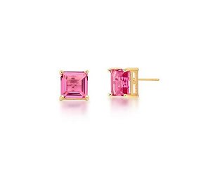 BRINCO QUADRADO CRISTAL ROSA BANHADO A OURO