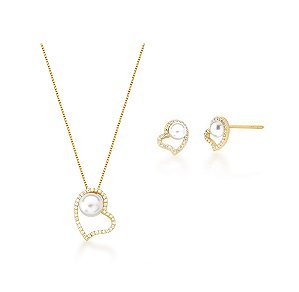 CONJUNTO CORAÇÃO VAZADO COM PÉROLA BANHADO A OURO