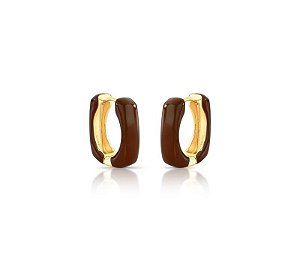 ARGOLA RETANGULAR ESMALTADA MARROM BANHADA A OURO