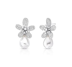 BRINCO FLOR COM CRISTAL E PÉROLA SHELL EM GOTA BANHADO A RÓDIO BRANCO