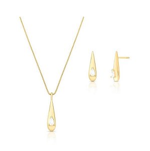 CONJUNTO GOTA ALONGADA COM ZIRCÔNIA BANHADO A OURO