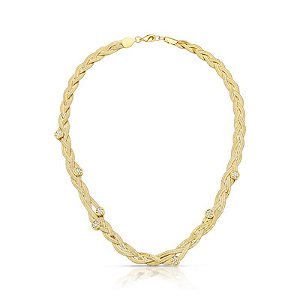 COLAR MALHA LAMINADA TRANÇADO COM ZIRCÔNIA REDONDA BANHADO A OURO