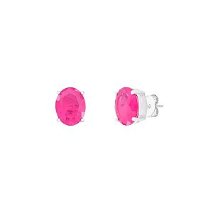 BRINCO OVAL TURMALINA ROSA FUSION BANHADO A RÓDIO BRANCO