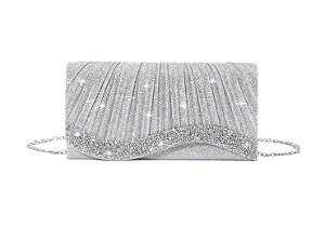 BOLSA DE FESTA RETANGULAR COM GLITTER PRATA E FILEIRA TRABALHADA