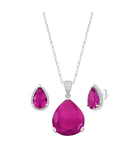 CONJUNTO GOTA SAFIRA ROSA BANHADO A RÓDIO