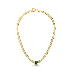 COLAR MALHA SNAKE COM CRISTAL ESMERALDA BANHADO A OURO