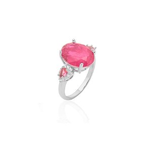 ANEL PEDRA OVAL TURMALINA ROSA FUSION BANHADO A RÓDIO BRANCO