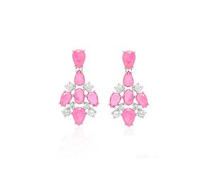 BRINCO PÊNDULO COM GOTAS TURMALINA ROSA FUSION BANHADO A RÓDIO BRANCO