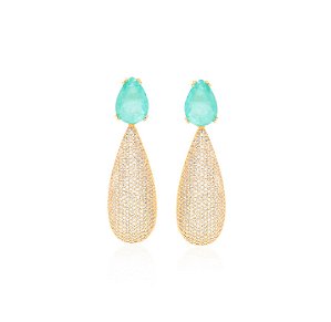 BRINCO PÊNDULO GOTA MICROCRAVEJADA COM BASE TURMALINA FUSION BANHADO A OURO