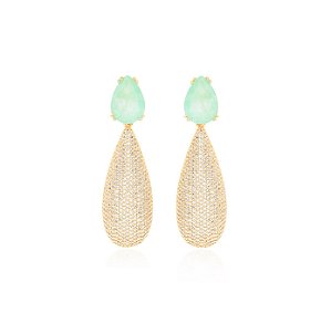 BRINCO PÊNDULO GOTA MICROCRAVEJADA COM BASE ESMERALDA COLOMBIANA FUSION BANHADO A OURO