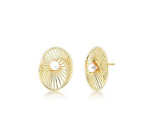 BRINCO OVAL ARAMADO COM PÉROLA CENTRAL BANHADO A OURO