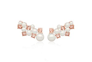 BRINCO EAR CUFF COM PÉROLAS E ZIRCÔNIAS MORGANITA BANHADO A OURO ROSÊ
