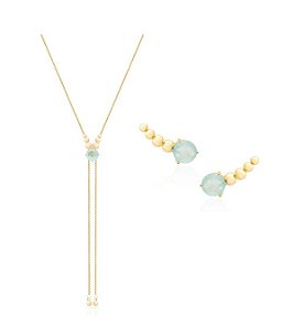 CONJUNTO PONTO DE LUZ ÁGUA MARINHA FUSION BANHADO A OURO