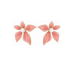 BRINCO FLOR ROSA COM PÉROLA EM AÇO