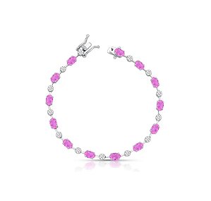 PULSEIRA COM CRISTAIS OVAIS TURMALINA ROSA E ZIRCÔNIAS BANHADA A RÓDIO BRANCO
