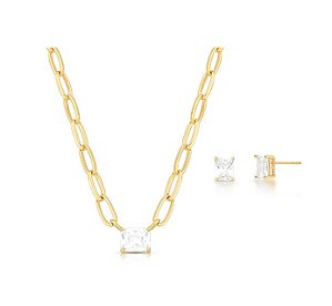 CONJUNTO CORRENTARIA COM ZIRCÔNIA CRISTAL BANHADO A OURO