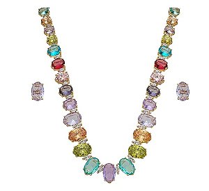 CONJUNTO ZIRCÔNIAS OVAIS COLORIDAS BANHADO A OURO