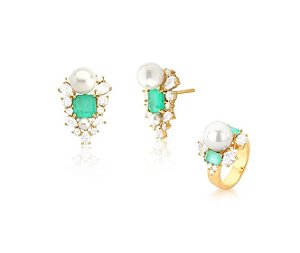 CONJUNTO ESMERALDA COLOMBIANA COM PÉROLA BANHADO A OURO