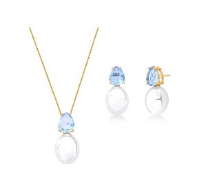 CONJUNTO GOTA AZUL COM PÉROLA SHELL BANHADO A OURO