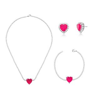 CONJUNTO CORAÇÃO TURMALINA ROSA BANHADO A RÓDIO BRANCO