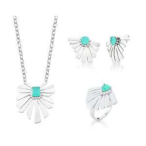 CONJUNTO FOLHAS COM PEDRA TRIANGULAR TURMALINA BANHADO A RÓDIO BRANCO