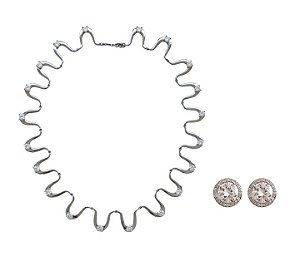 CONJUNTO COLAR ONDAS COM BRINCO REDONDO EM ZIRCÔNIA BANHADO A RÓDIO