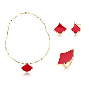 CONJUNTO CHERRY ESMALTADO BANHADO A OURO
