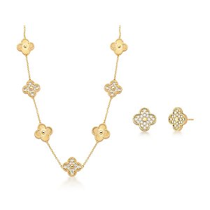 CONJUNTO TREVOS CRAVEJADOS INTERCALADOS BANHADO A OURO